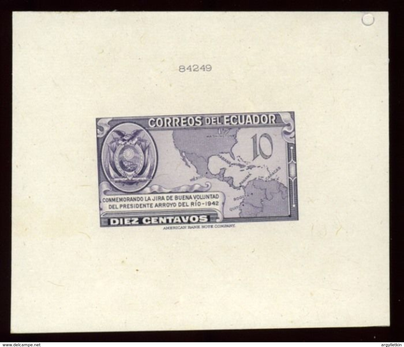 EQUADOR 1943 MAP DIE PROOF AMERICAN BANK NOTE COMPANY - Ecuador