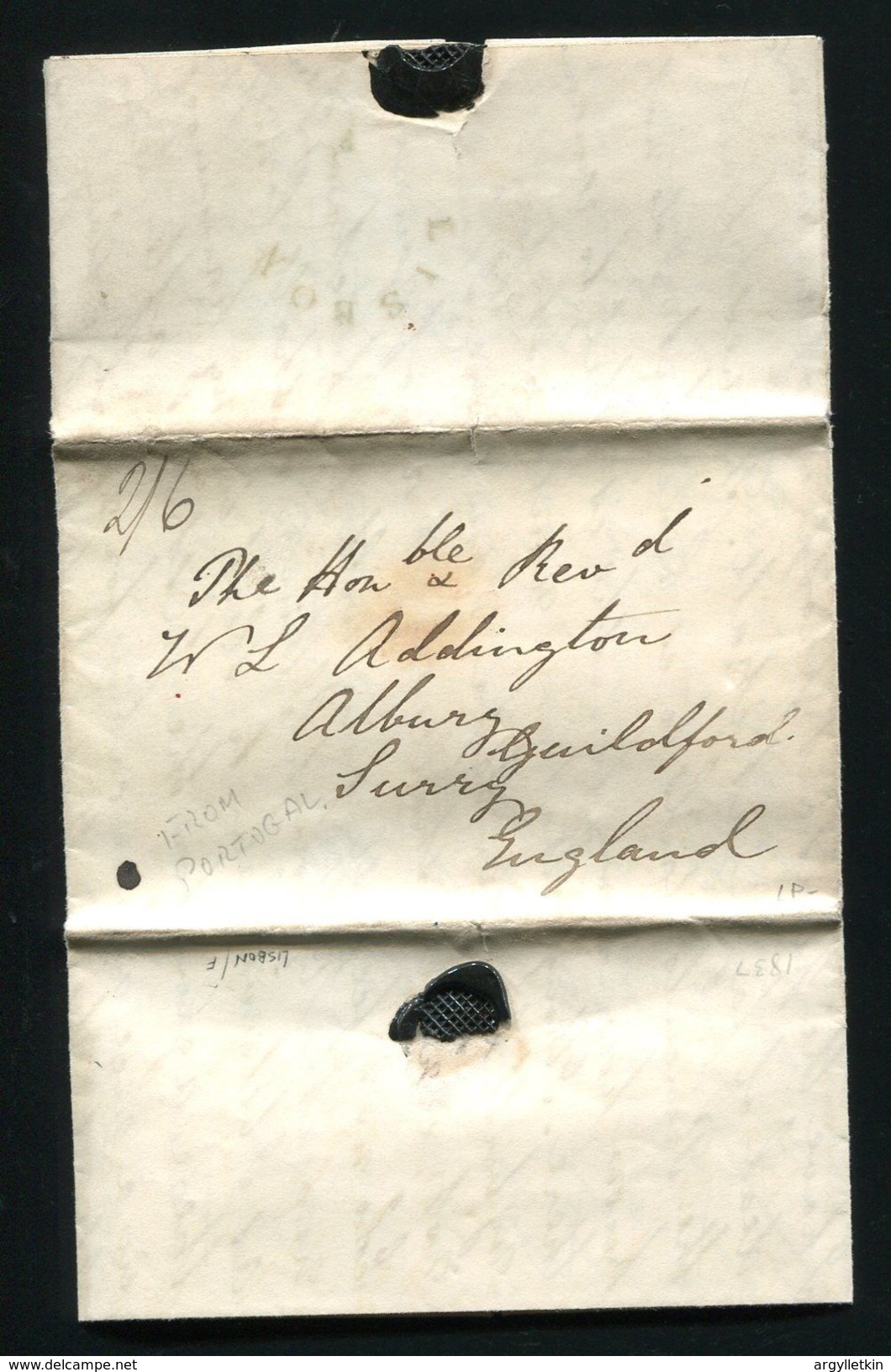 PORTUGAL GB SHIP LETTER MARITIME 1837 LISBON F BRITISH POST OFFICE - ...-1853 Prephilately