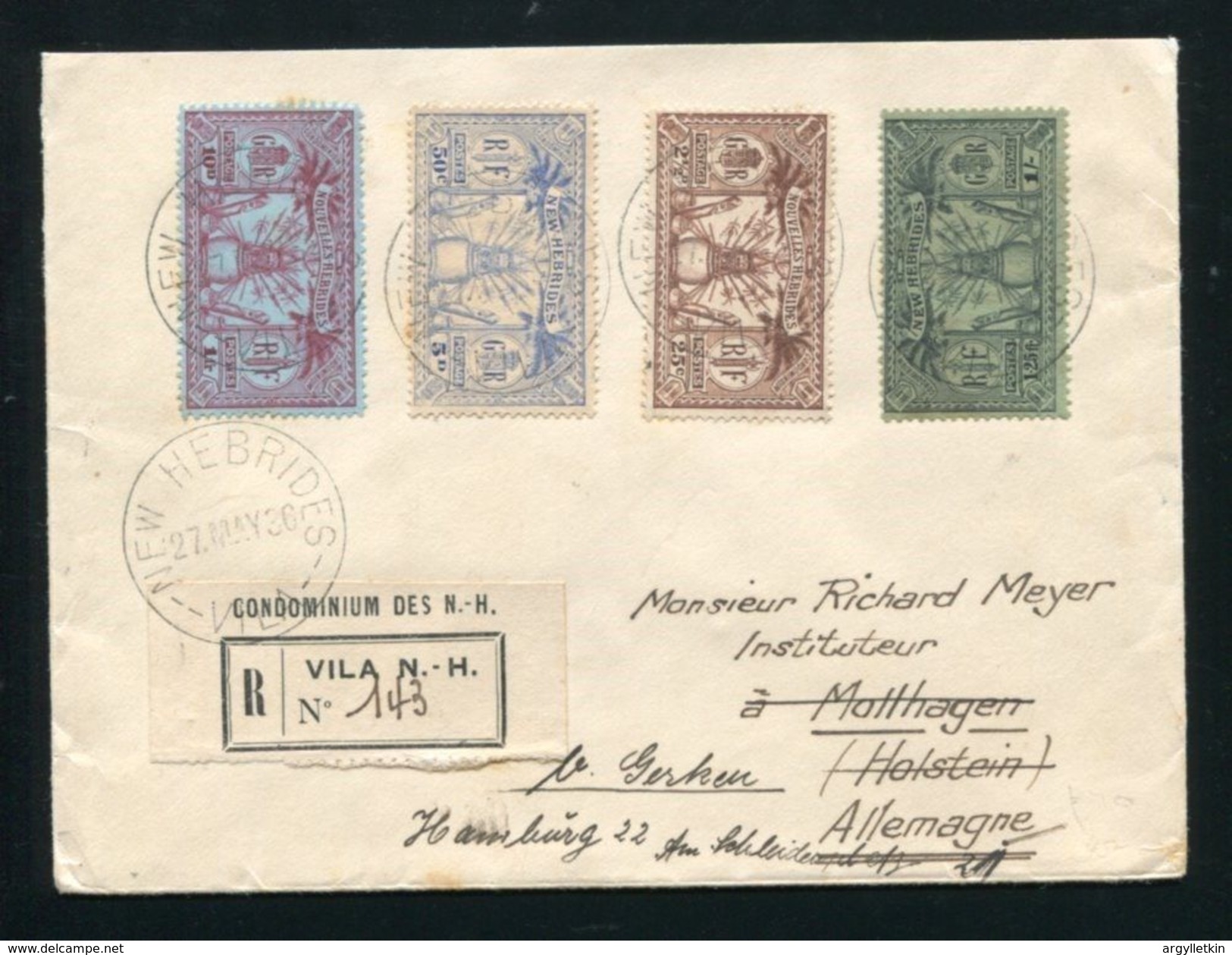 NEW HEBRIDES NOUVELLES REGISTERED 1936 WEAPONS AND IDOLS - Autres & Non Classés