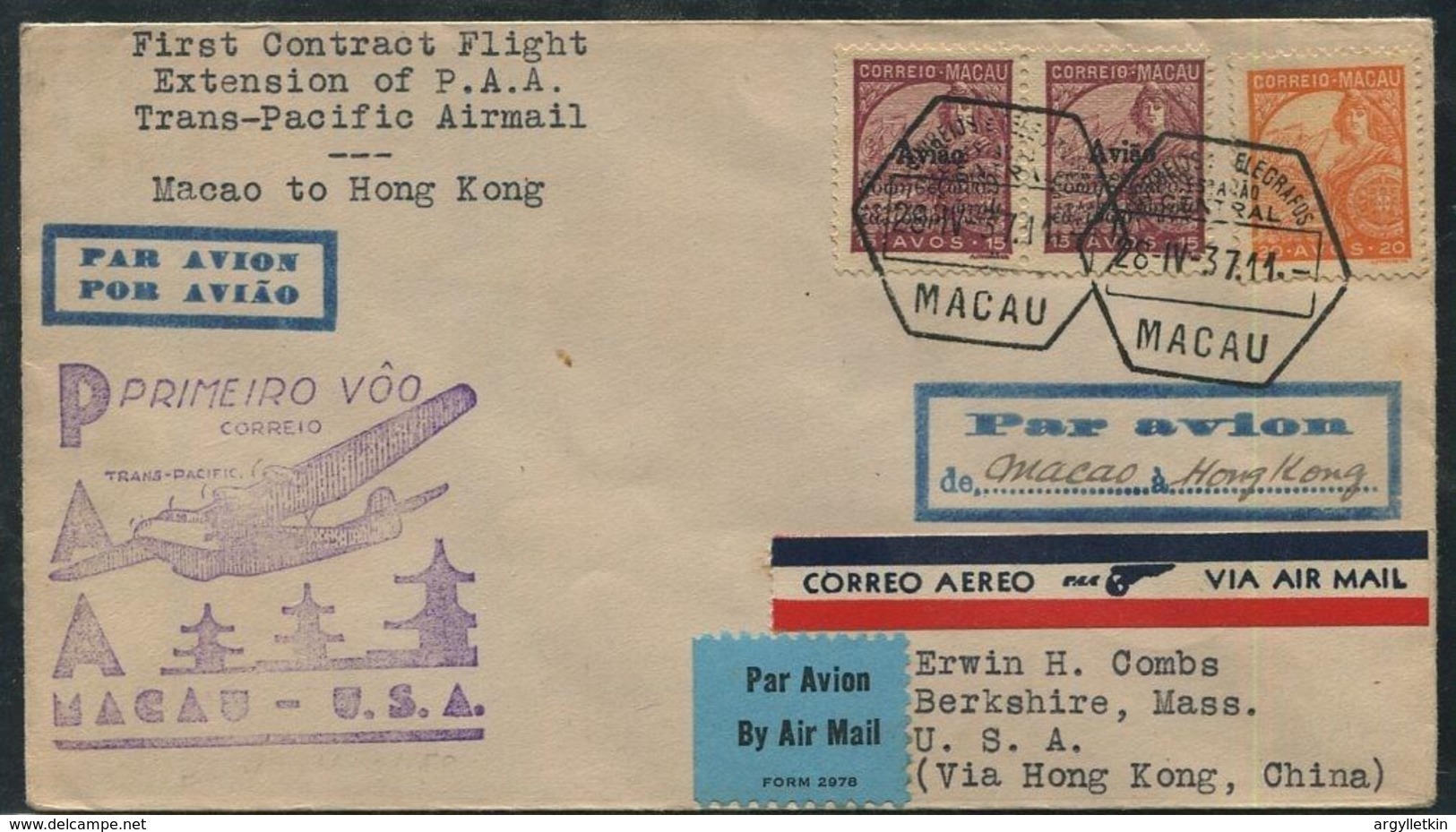 MACAU HONG KONG FIRST FLIGHT PANAM USA 1937 BERKSHIRE MASS - Other & Unclassified