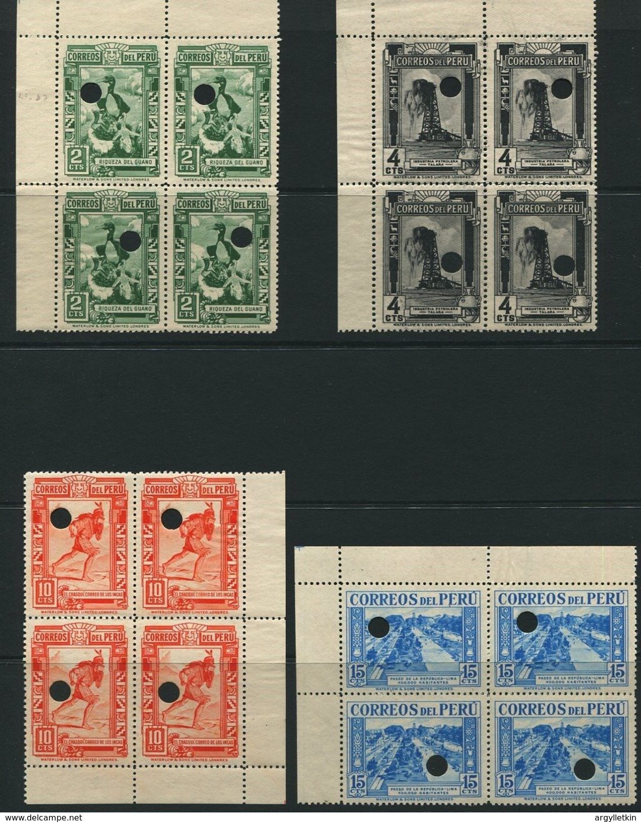 PERU 1937 POSTAGE WATERLOW SPECIMEN BLOCKS BIRD OIL DON MANUEL - Peru