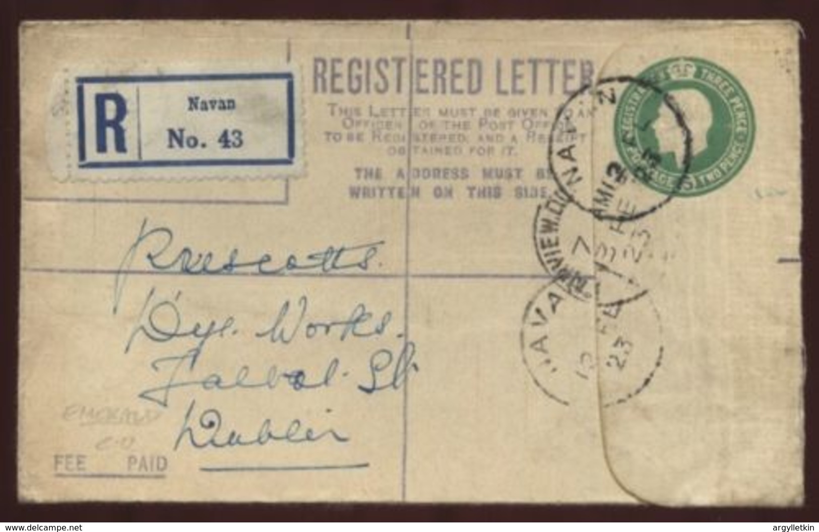 IRELAND 1923 REGISTERED EMERALD COVER NAVAN - DUBLIN - Brieven En Documenten