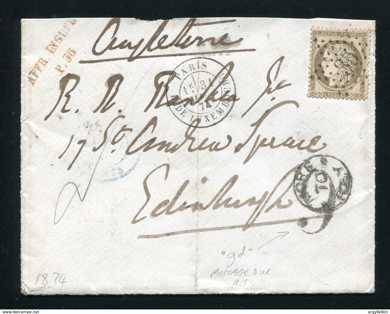 FRANCE GREAT BRITAIN POSTAGE DUE PARIS EDINBURGH 1874 - 1859-1959 Covers & Documents