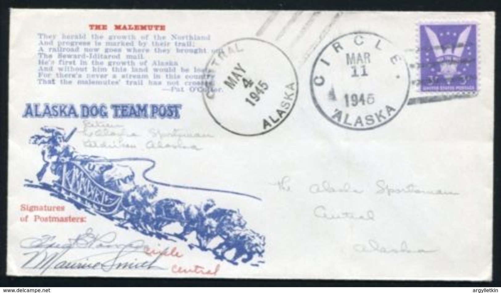 ALASKA DOG POST CENTRAL TO CIRCLE POSTMASTER SIGNED! - Expéditions Arctiques