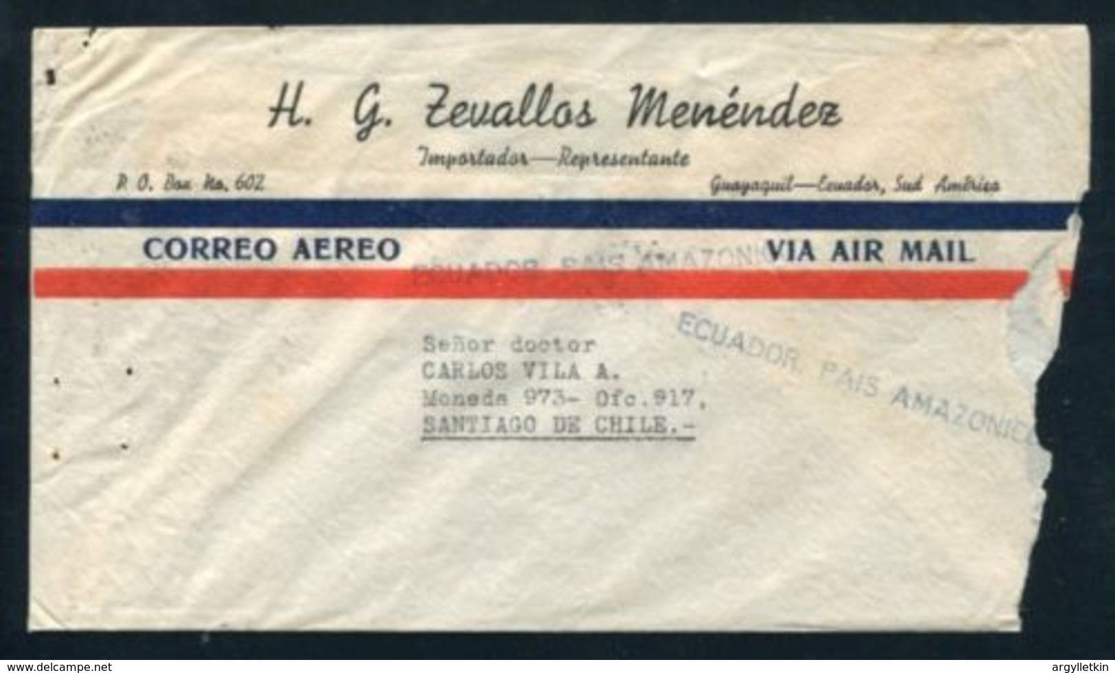 ECUADOR AIRMAIL 1945 AMAZONICO CACHET TO CHILE - Ecuador