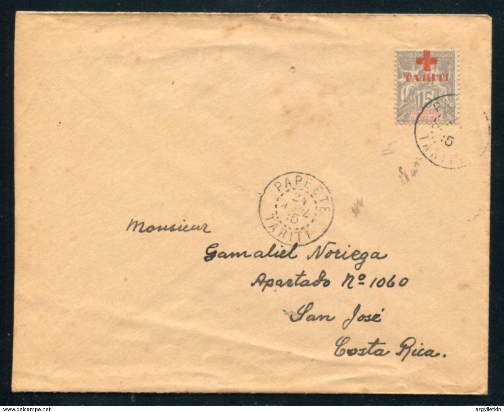 TAHITI FRENCH POLYNESIA RED CROSS OVERPRINT COVER 1915 - Covers & Documents