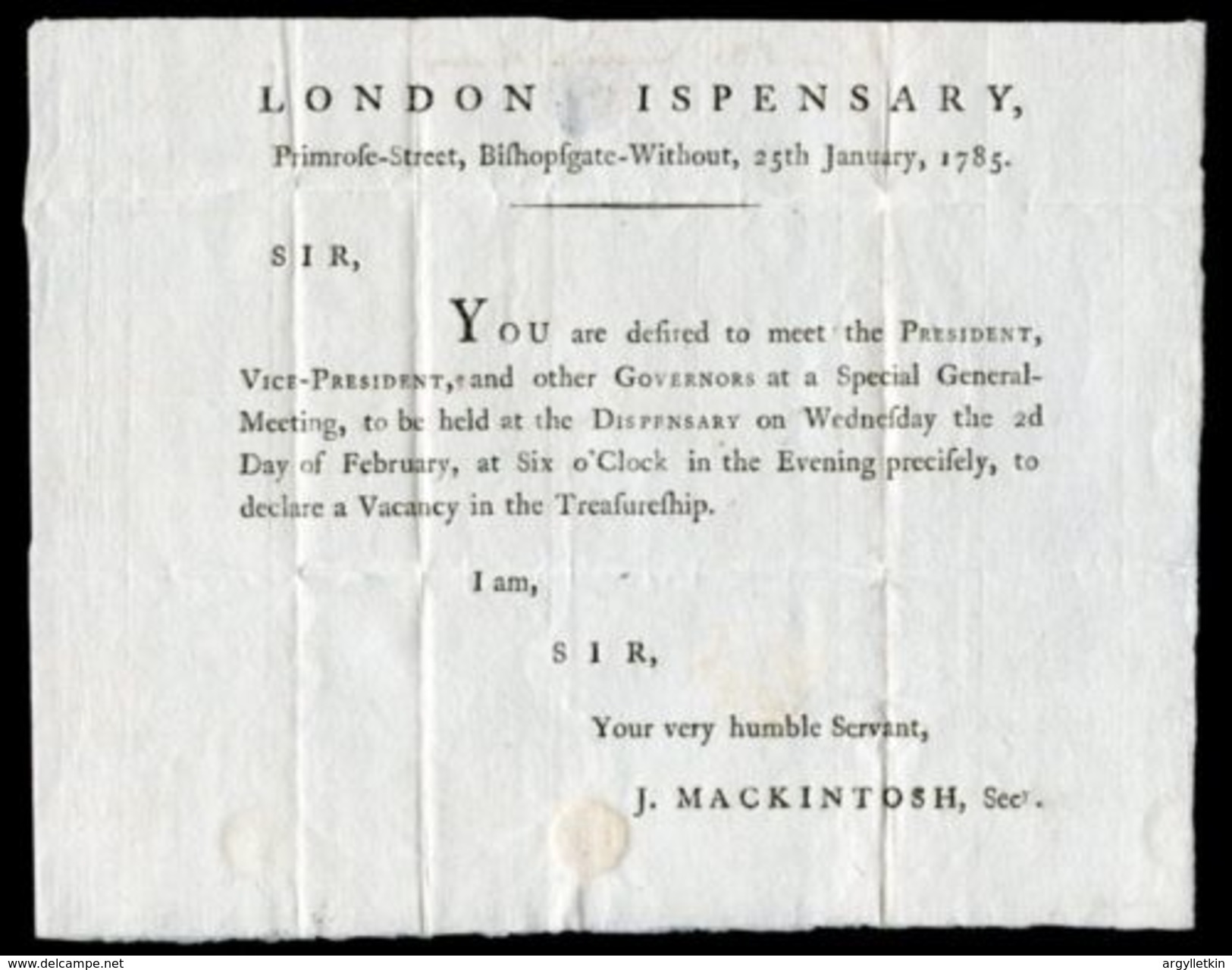 GB LONDON 1785 DISPENSARY PRINTED NOTICE - Historical Documents