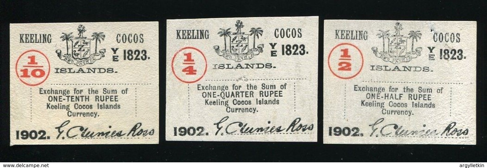 COCOS KEELING ISLANDS 1902 RUPEE CURRENCY NOTES SIGNED G CLUNIES ROSS - Other - Oceania