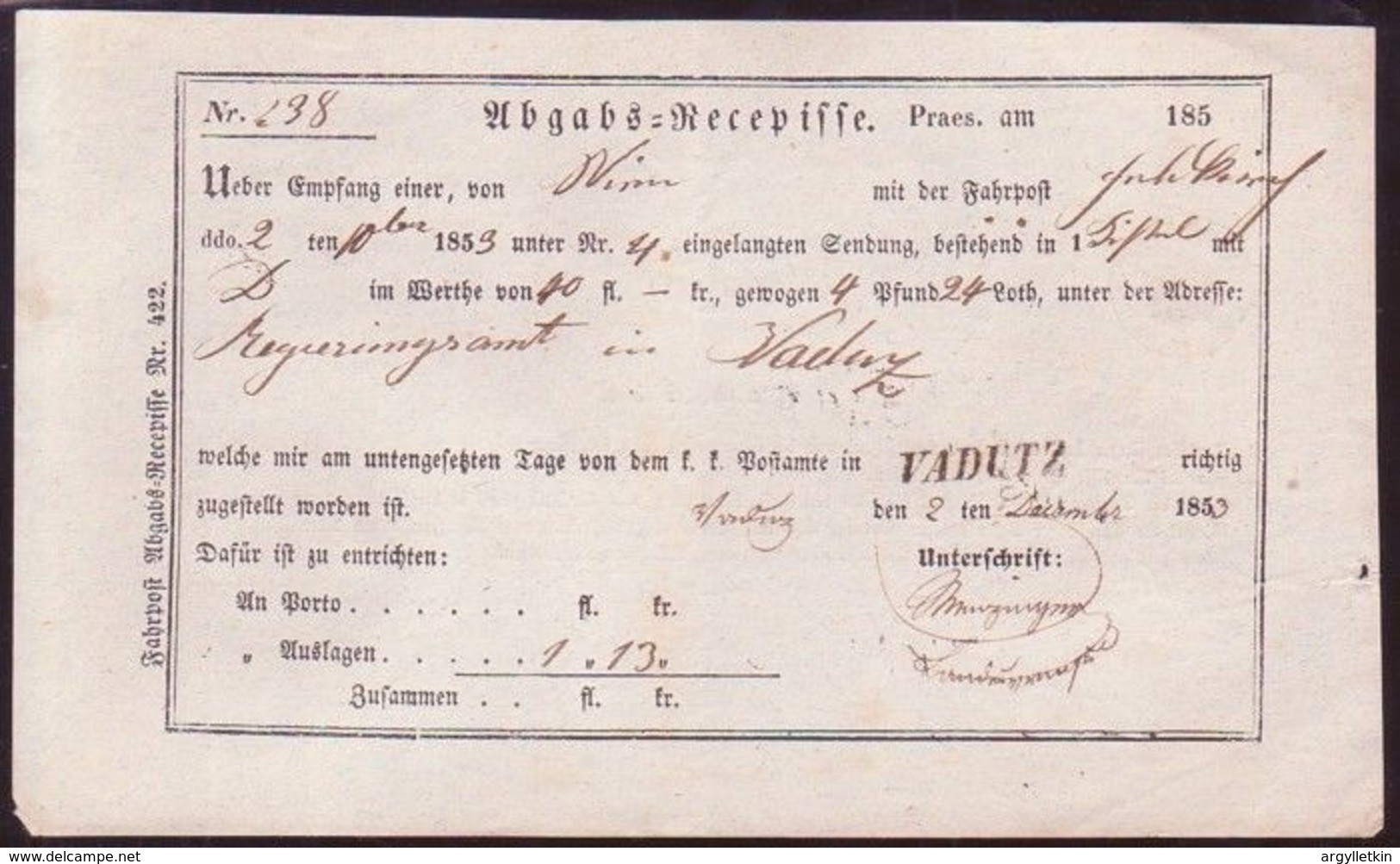 LIECHTENSTEIN/RAILWAYS/PARCELS 1853 - Other & Unclassified