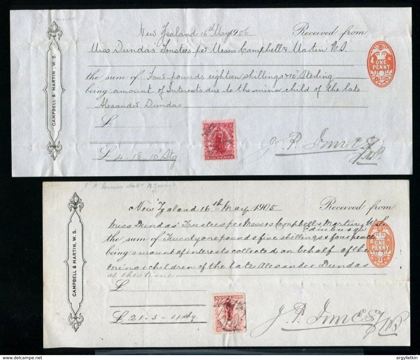 NEW ZEALAND UNIVERSAL ON RECEIPTS 1905/6 SOLICITORS - Andere & Zonder Classificatie