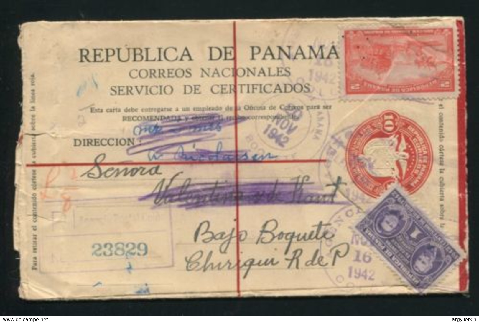 PANAMA REGISTERED POSTAL STATIONERY EAGLE BIRD 1942 INSTRUCTION MARKS - Other & Unclassified