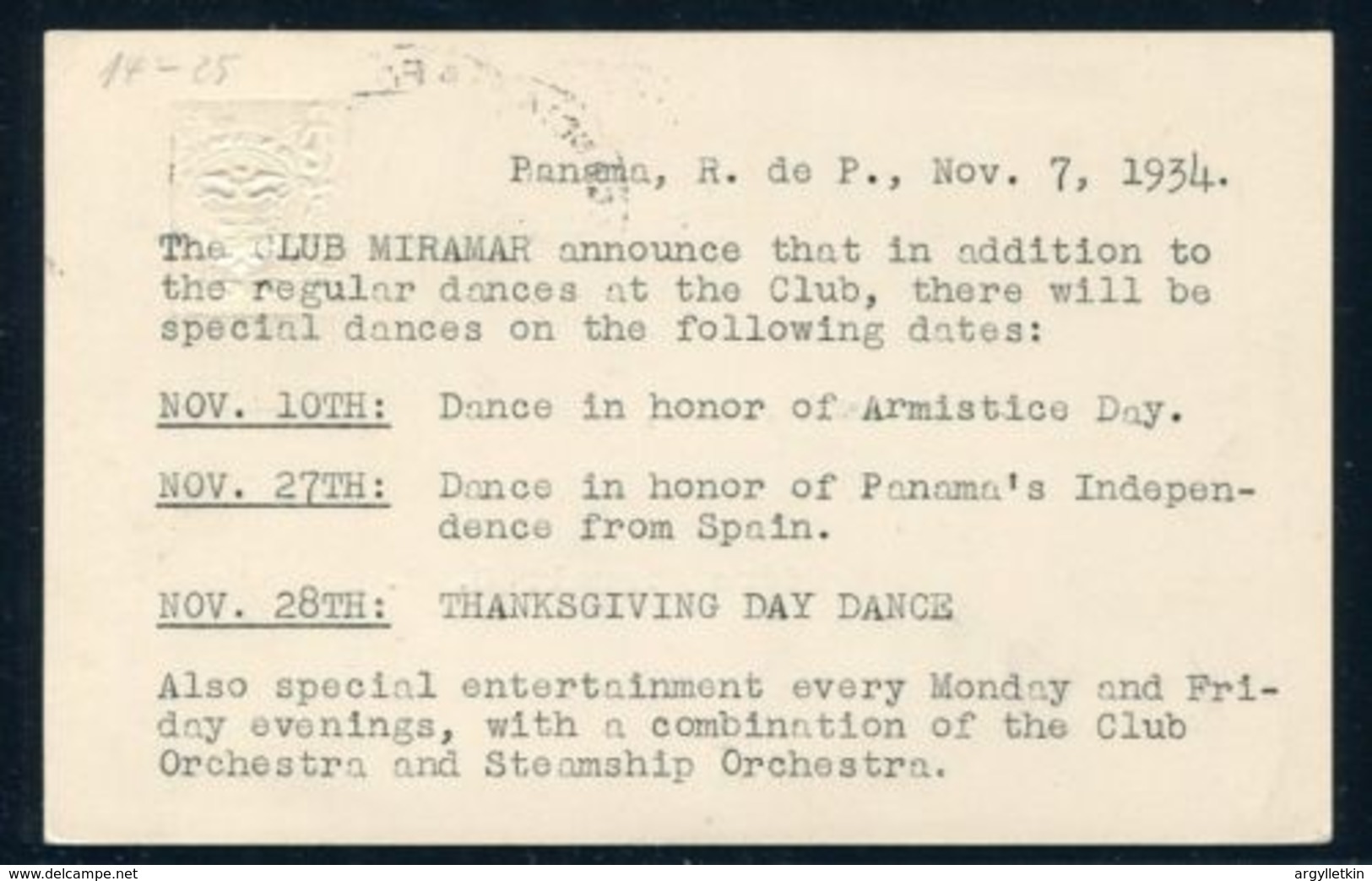 PANAMA POSTAL STATIONERY INDEPENDENCE FROM SPAIN CANAL ZONE ARMISTICE DAY 1934 - Panama