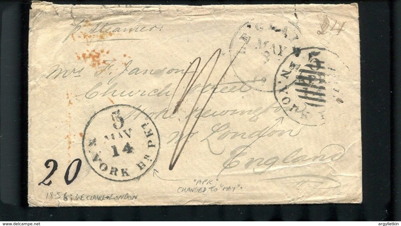 UNITED STATES TRANSATLANTIC LECLAIRE NEW YORK BRITISH PACKET RARE CANCEL 1856 - Lettres & Documents