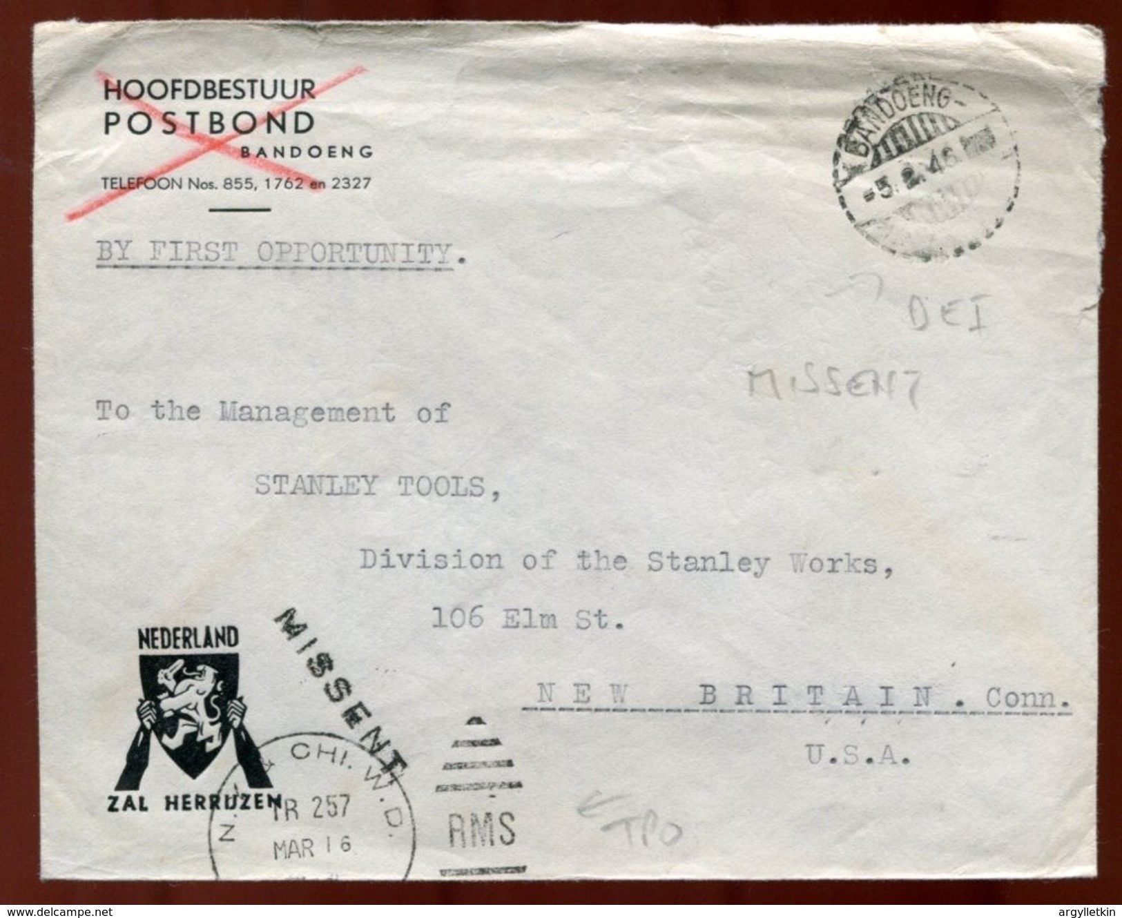 NETHERLANDS EAST INDIES U.S.A MISSENT AND RAILWAY POSTMARK - Netherlands Indies