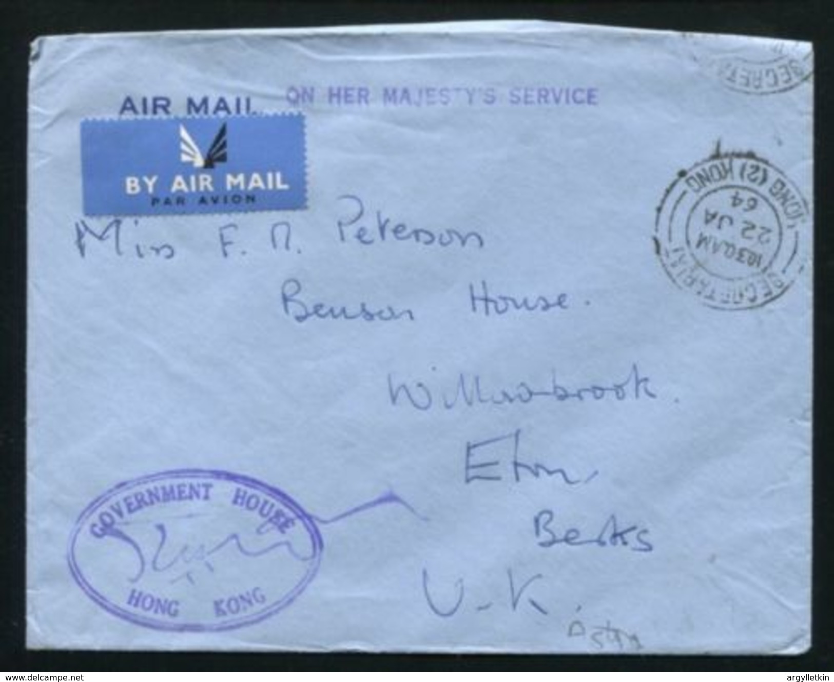 HONG KONG OHMS GOVERNMENT HOUSE ON ASTRA AIRMAIL ENVELOPE 1964 - Cartas & Documentos