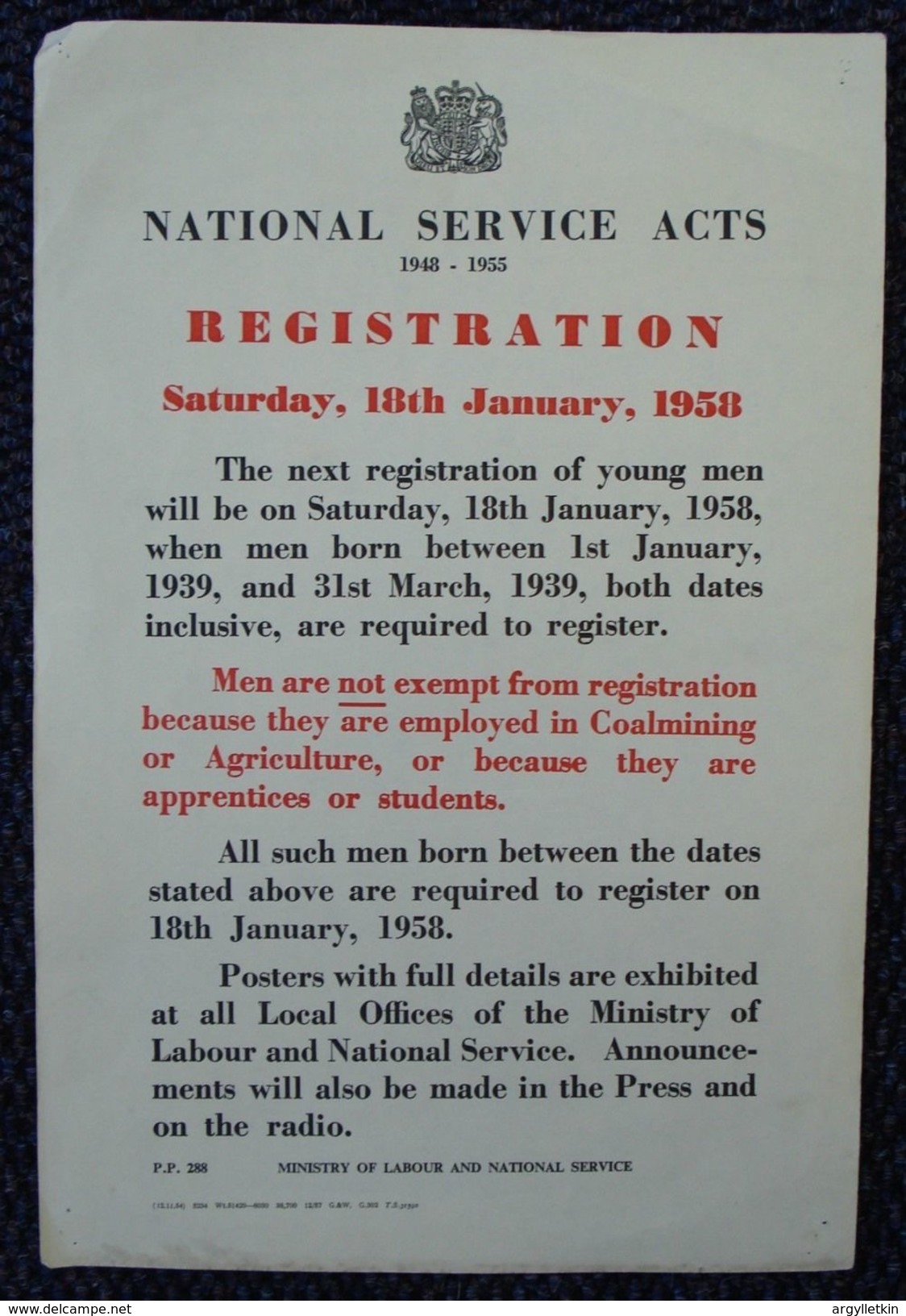 GREAT BRITAIN NATIONAL SERVICE FORCES 1957 MINISTRY OF LABOUR - Historical Documents