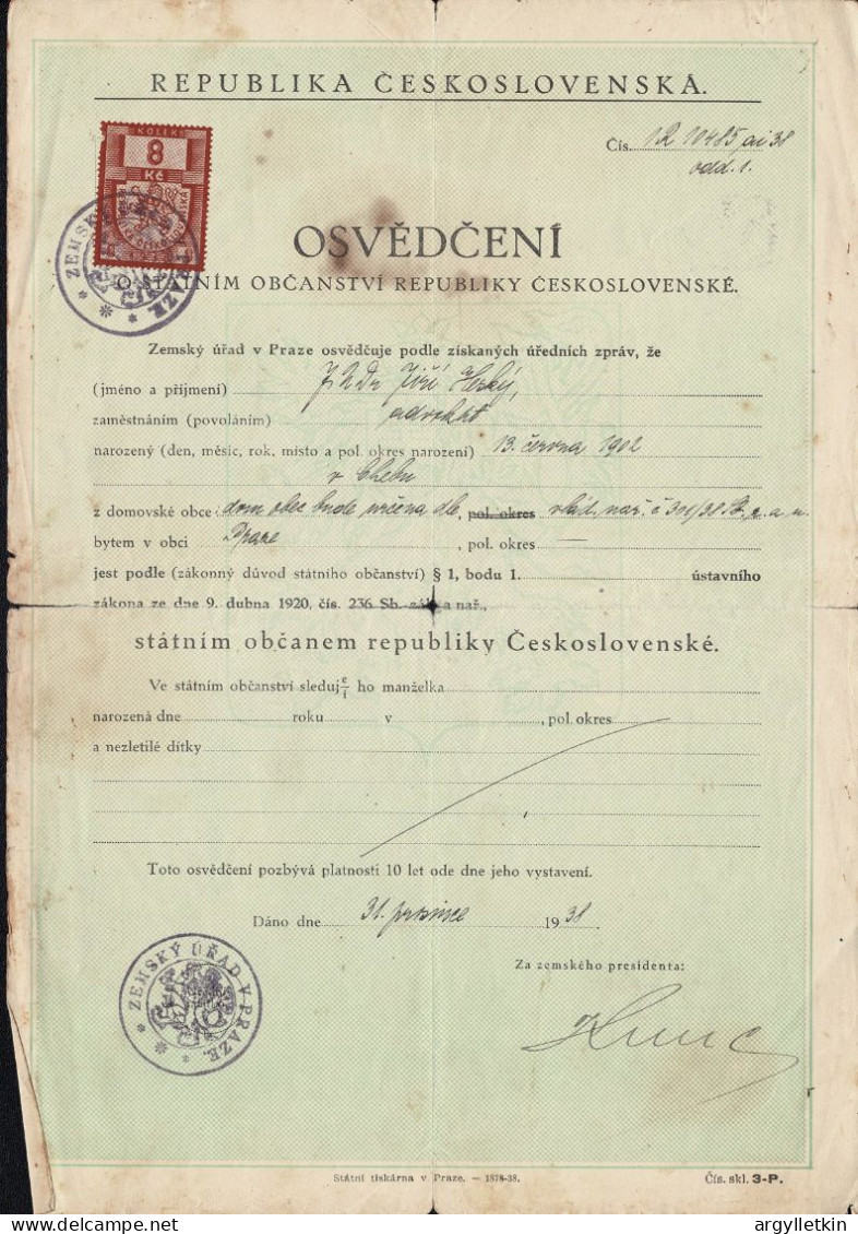 CZECHOSOLOVAKIA POLICE FISCALS DOCUMENTS LION - Covers & Documents