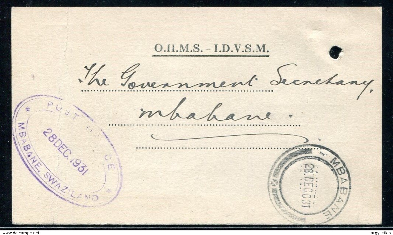 SWAZILAND 1931 OHMS POSTAL STATIONERY - Swasiland (...-1967)