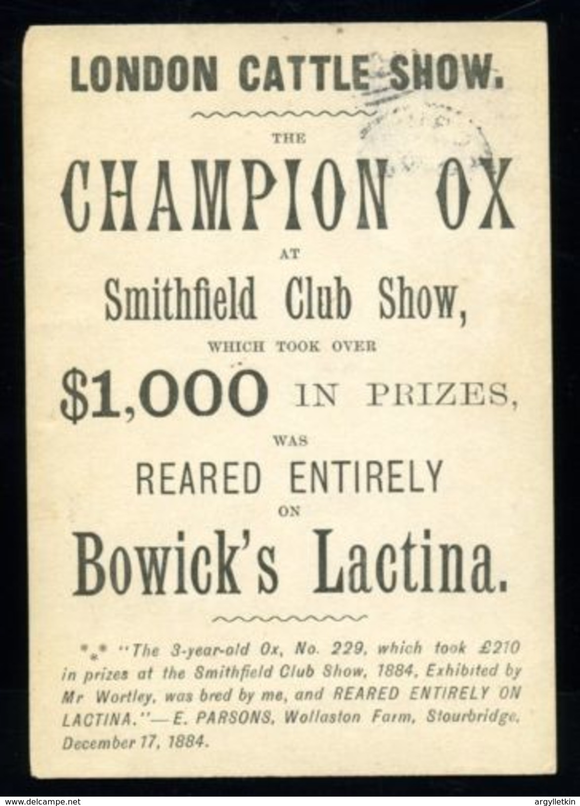 GB QVIC ADVERTISING CATTLE SHOW 1884 - Lettres & Documents