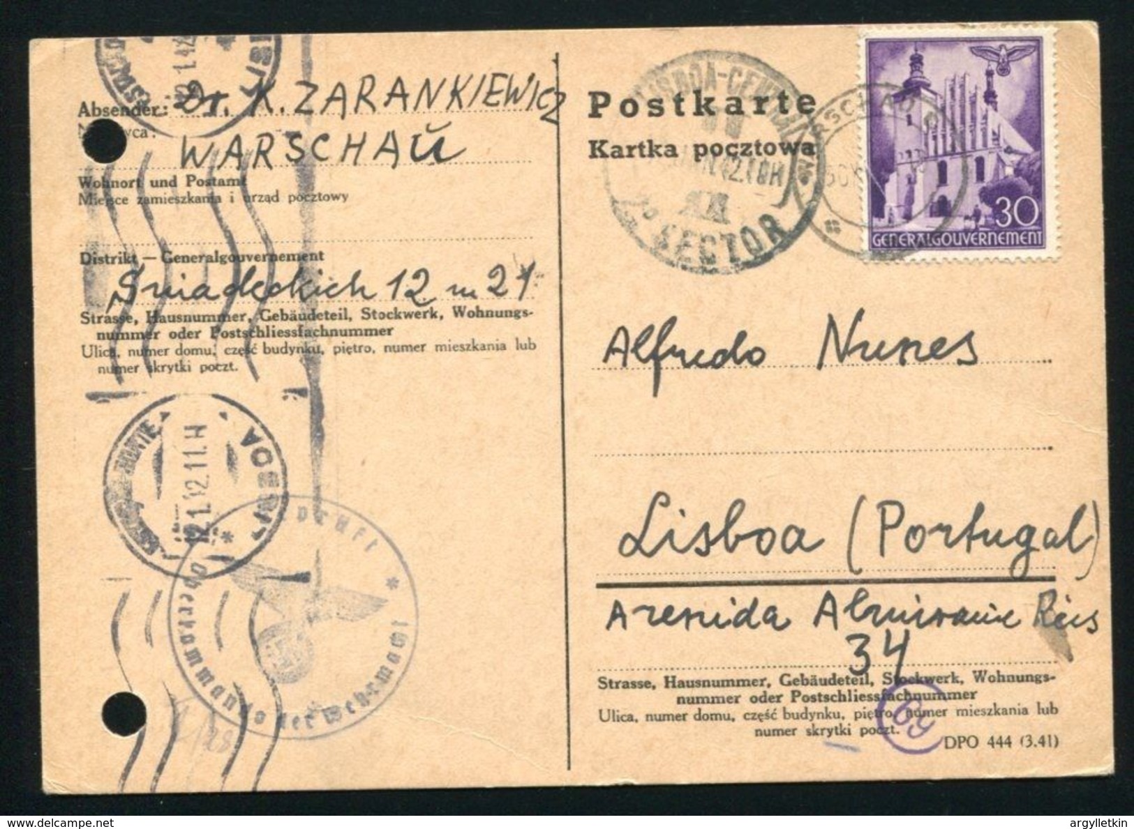 POLAND TO PORTUGAL UNDERCOVER ADDRESS WW2 - Autres & Non Classés