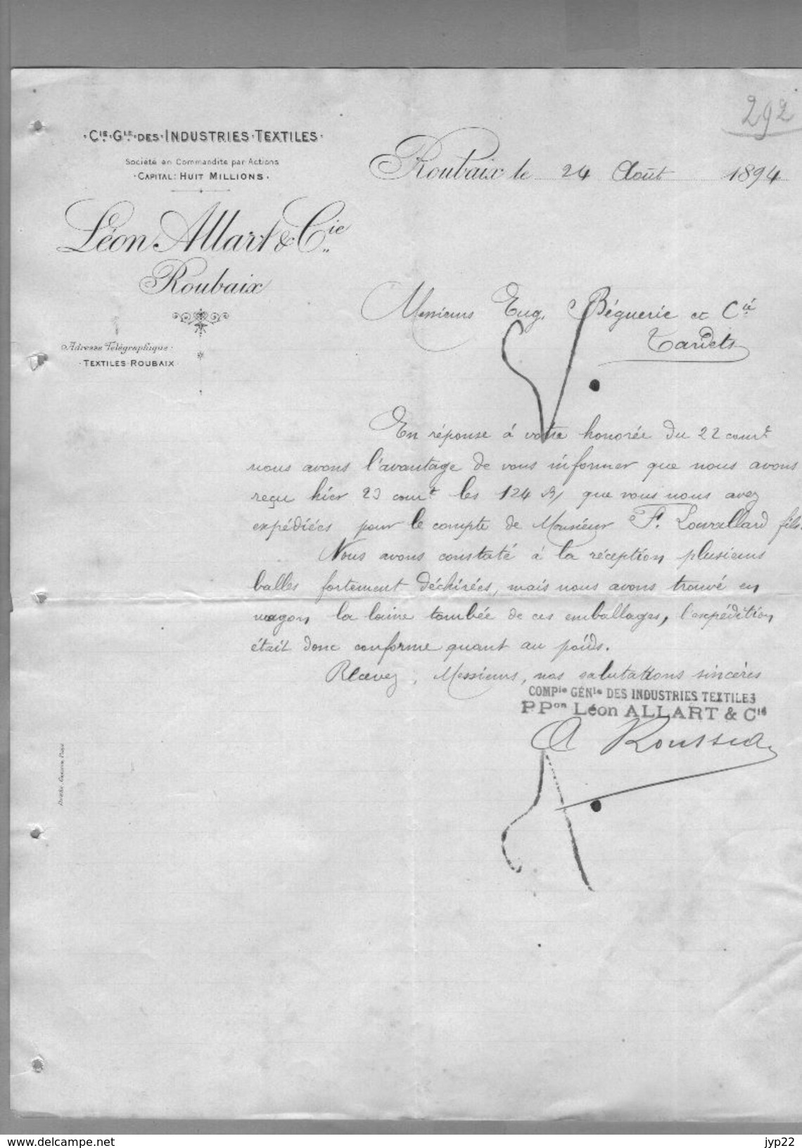 Courrier Industrie Cie Textile Léon Allart & Cie Roubaix 24-08-1894 - Réception Expédition - 1800 – 1899