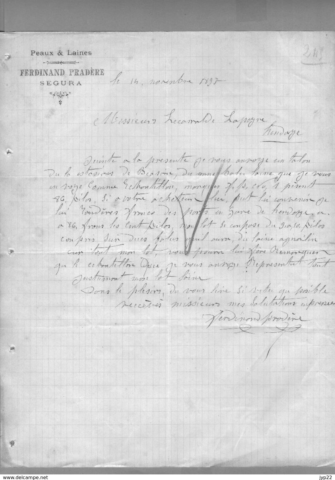 Courrier Peaux Et Laines Ferdinand Pradère Segura 14-11-1897 ? Ou 93 ? - Laine - Spanien