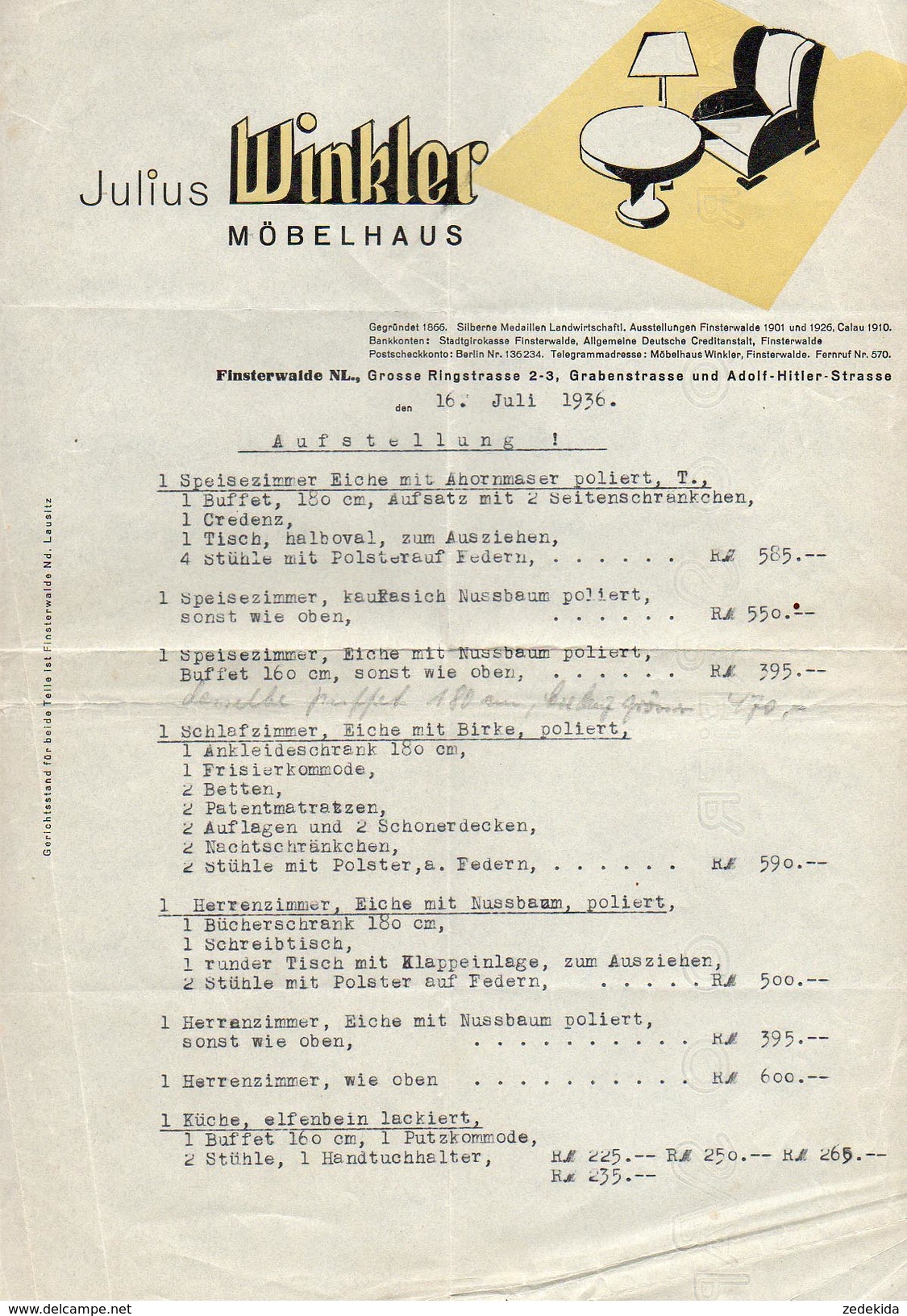 A6534 - Alte Rechnung - Finsterwalde - Julius Winkler - Möbellhaus 1936 - 1900 – 1949