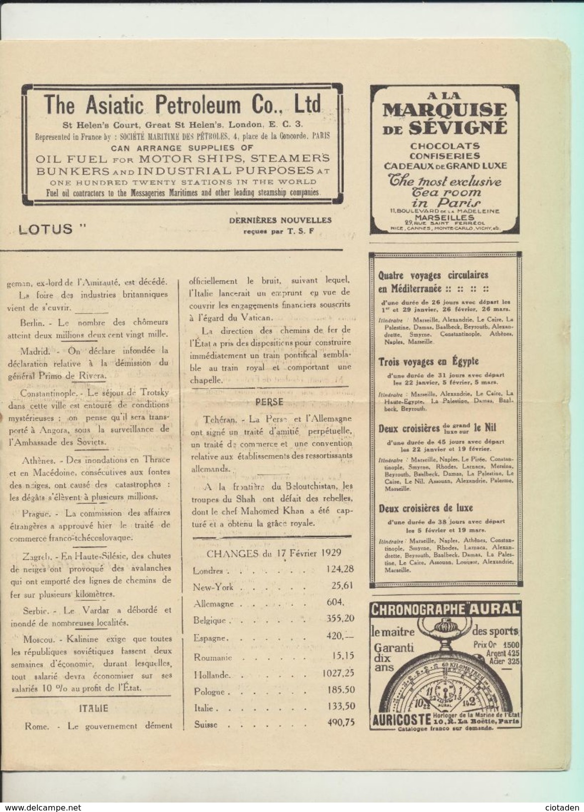 Rare : La Gazette Des Messageries Maritimes Voyage Du 19 Février 1929 Sur Le Paquebot "Lotus" - Collections