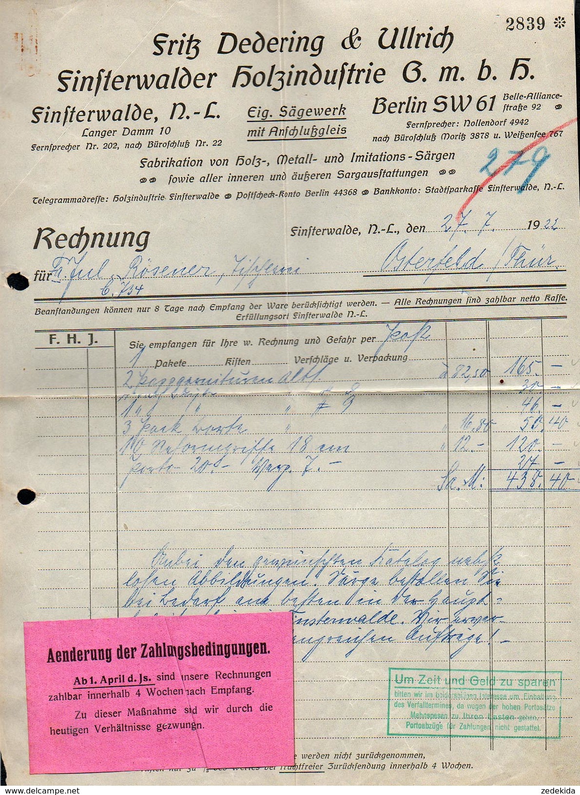A6537 - Alte Rechnung - Finsterwalde - Fritz Dederiing & Ullrich - Holzindustrie Nach Osterfelde 1922 - 1900 – 1949