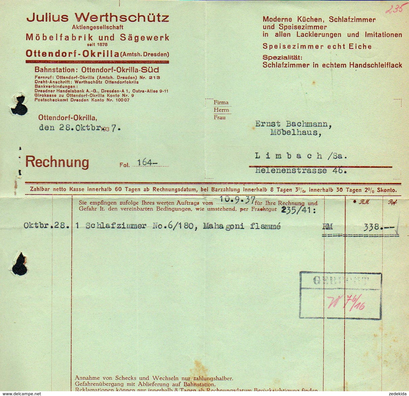 A6542 - Alte Rechnung - Ottendorf Okrilla - Julius Werthschütz - Möbelfabrik Und Sägewerk Nach Limbach 1937 - 1900 – 1949