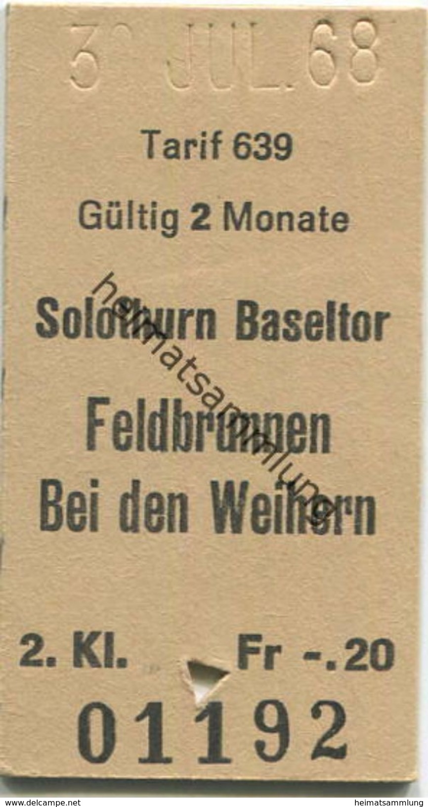 Schweiz - Solothurn Baseltor Feldbrunnen Bei Den Weihern - Fahrkarte 2. Kl. 1968 - Europa