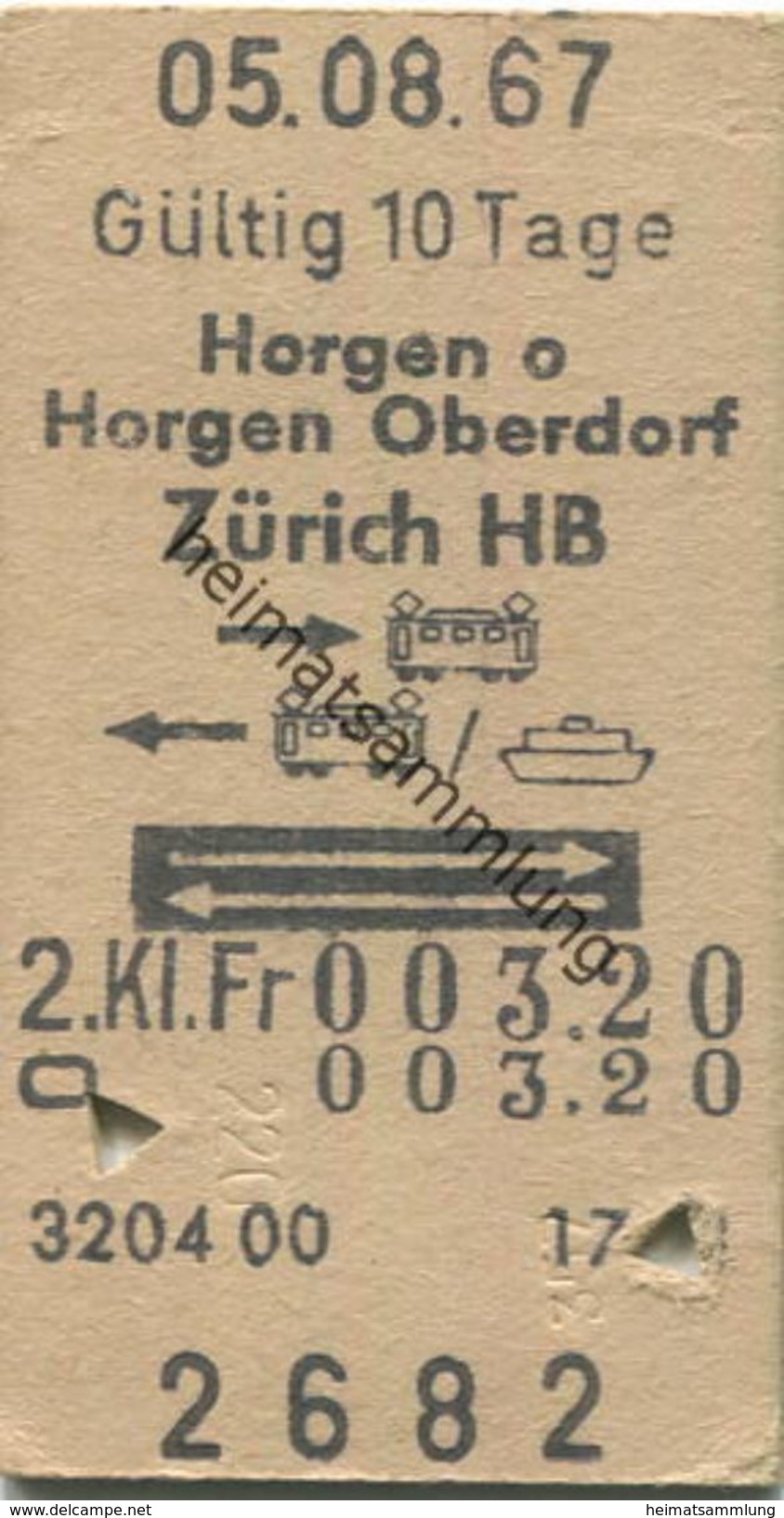 Schweiz - Horgen O Horgen Oberdorf Zürich HB - Hin Bahn Zurück Bahn Schiff - Fahrkarte 2. Kl. 1967 - Europa