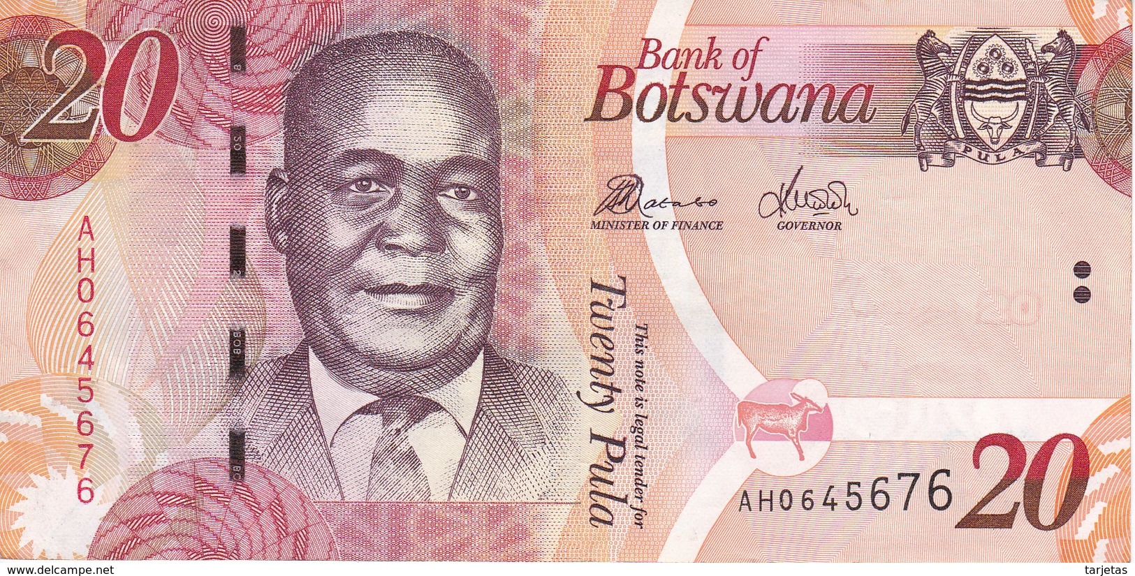 BILLETE DE BOTSWANA DE 20 PULA DEL AÑO 2010 SERIE AH CALIDAD EBC (XF) (BANKNOTE) - Botswana