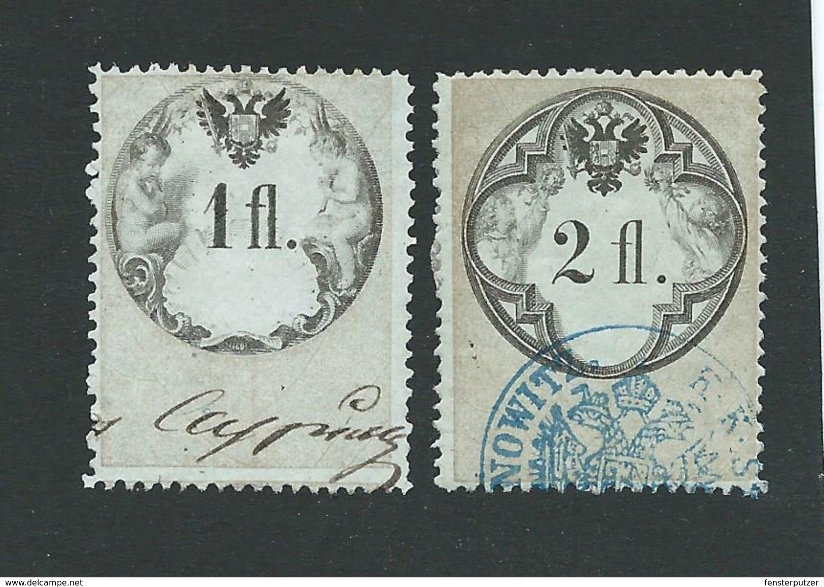 2 Austria Revenue Anfangs 1864 - 1+ 2fl. - Blaues Dickes Papier, Gez. 12 Und 12 1/2 - WZ Siehe Beschreibung - Revenue Stamps