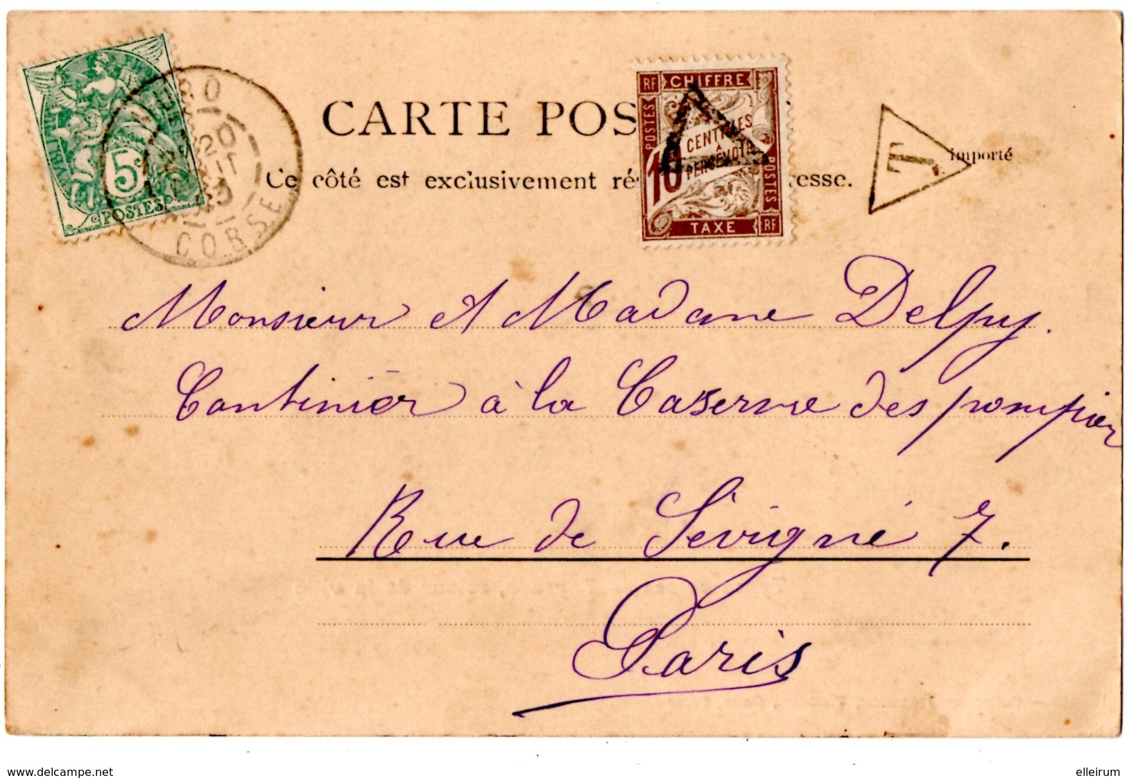 CORSE (20) MURO. TAXE 10 Cts Avec TRIANGLES Sur BLANC. Sur C.P. TYPES CORSES. PAYSANS , RETOUR De La VILLE. 1903. - 1859-1959 Brieven & Documenten