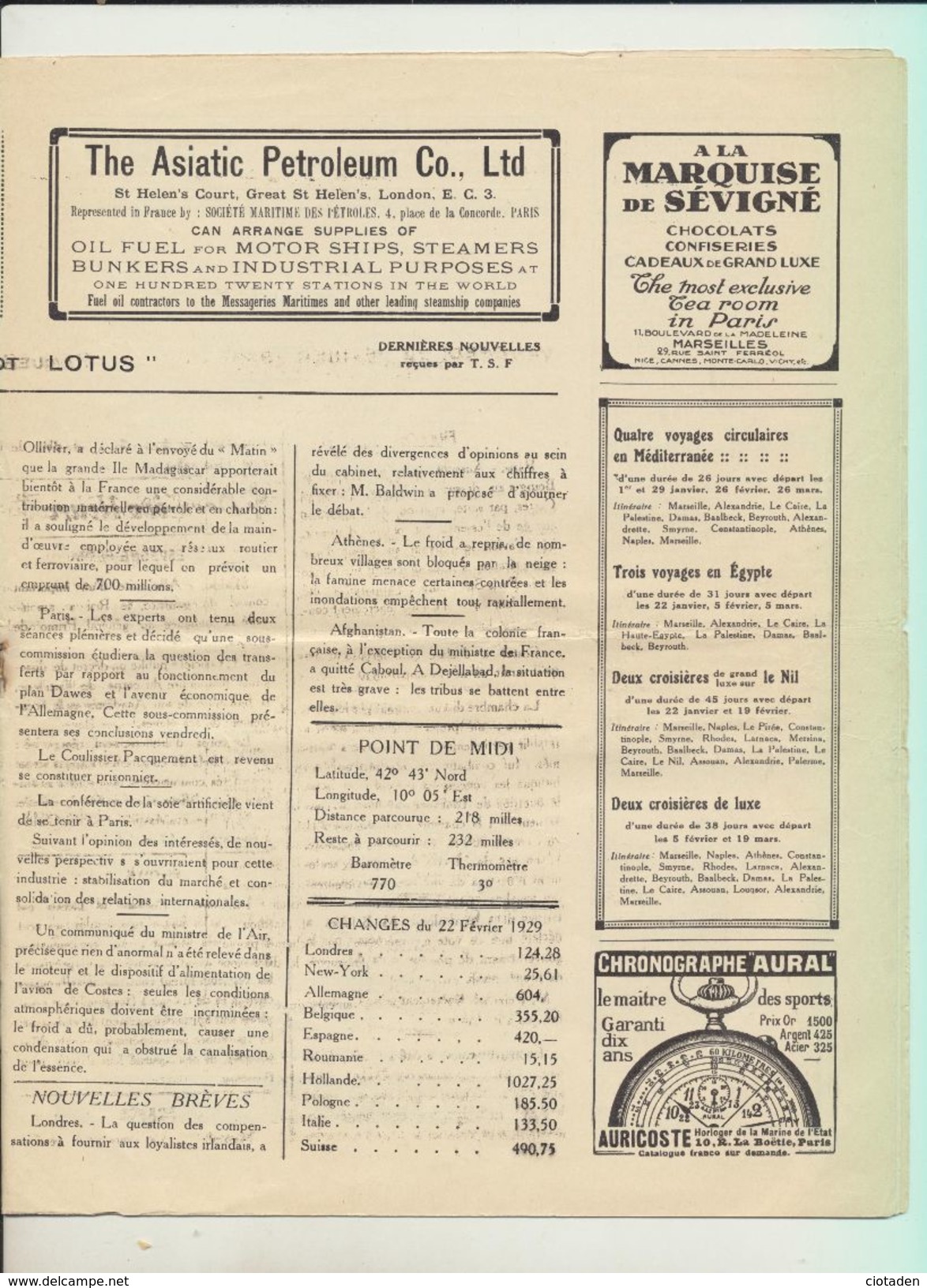 Rare : La Gazette Des Messageries Maritimes Voyage Du 22 Février 1929 Sur Le Paquebot "Lotus" - Collections