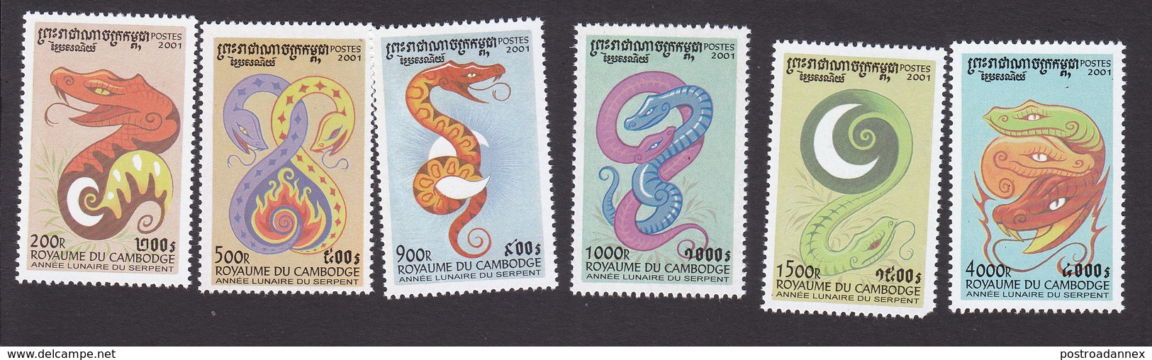 Cambodia, Scott #2045-2050, Mint Hinged, Year Of The Snake, Issued 2001 - Cambodja