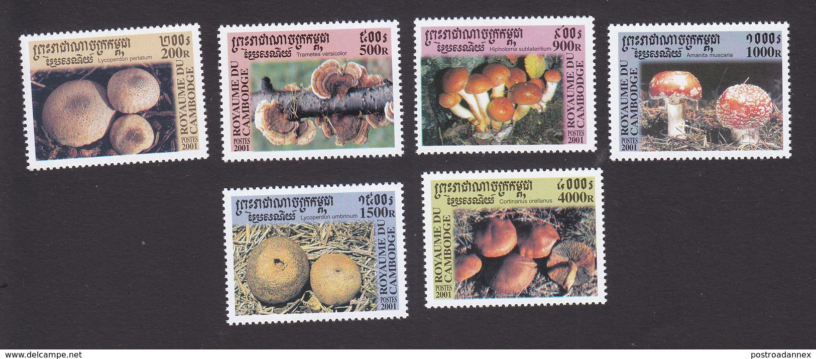 Cambodia, Scott #2066-2071, Mint Hinged, Mushrooms, Issued 2001 - Cambodia