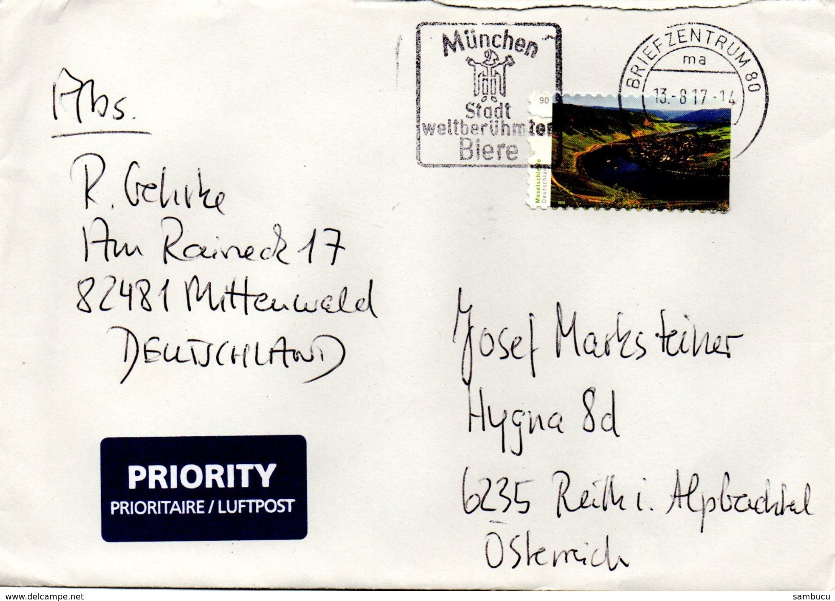 Auslands - Brief Von Briefzentrum 80 Mit 90 Cent Moselschleife Werbestempel München 2017 - Briefe U. Dokumente