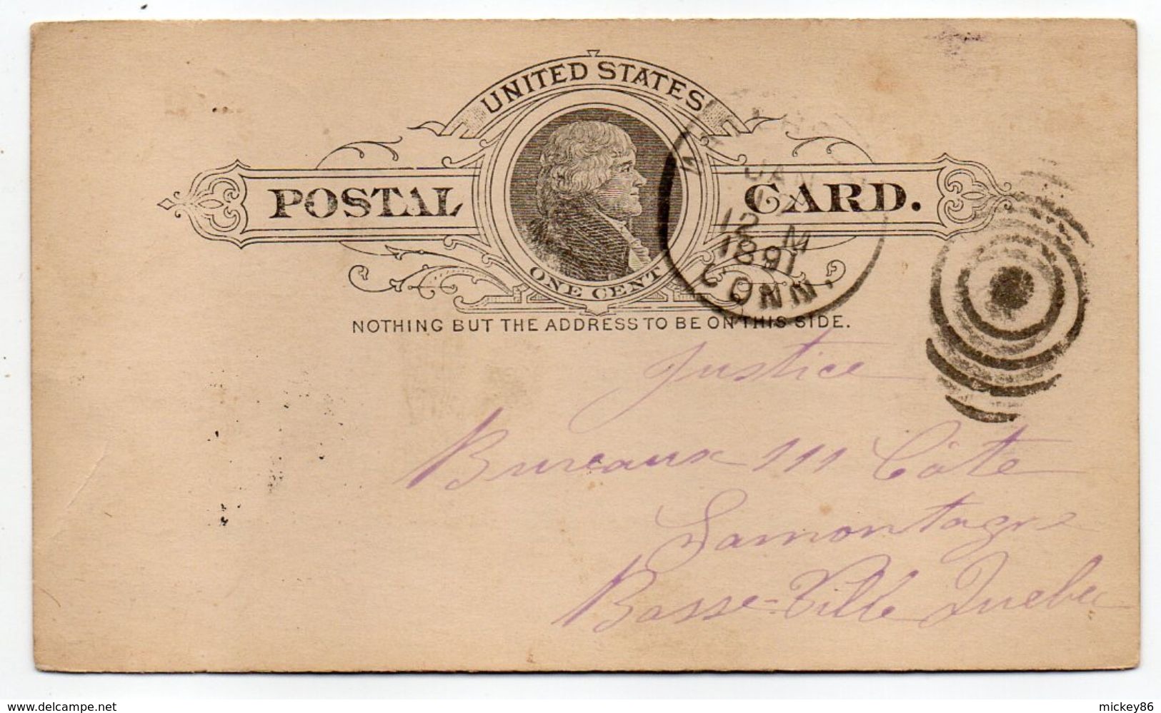 USA--1891--Entier Postal--Postal Card One Cent De WATERBURY Connecticut  Pour QUEBEC Canada--cachet - Lettres & Documents