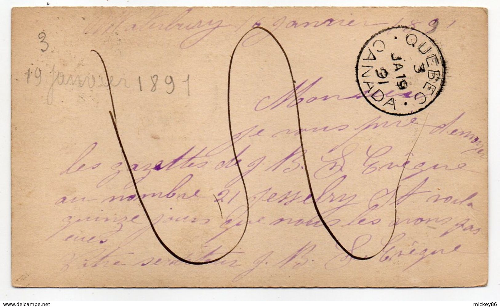USA--1891--Entier Postal--Postal Card One Cent De WATERBURY Connecticut  Pour QUEBEC Canada--cachet - Lettres & Documents