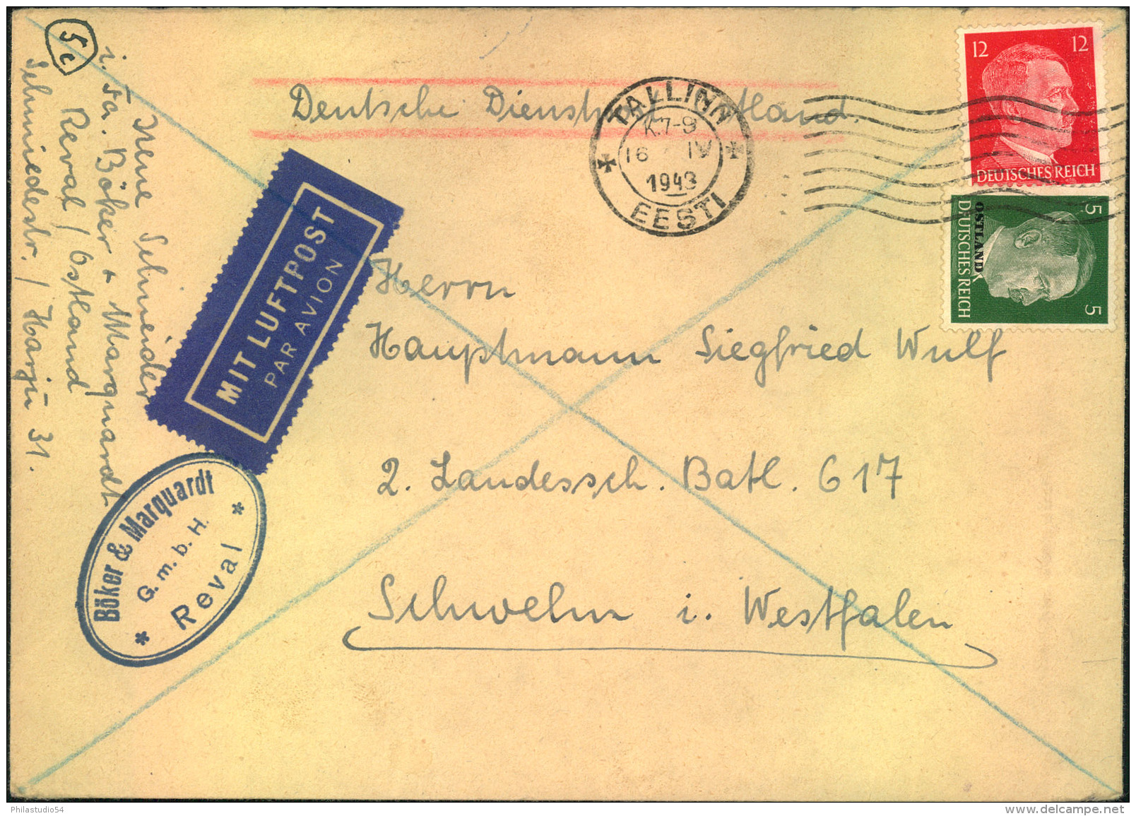 1943, Privatbrief ""Deutsche Dienstpost Ostland"" Ab TALLINN, Estland Per Luftpost. Seltene 17 Pfg. Frankatur. - Besetzungen 1938-45