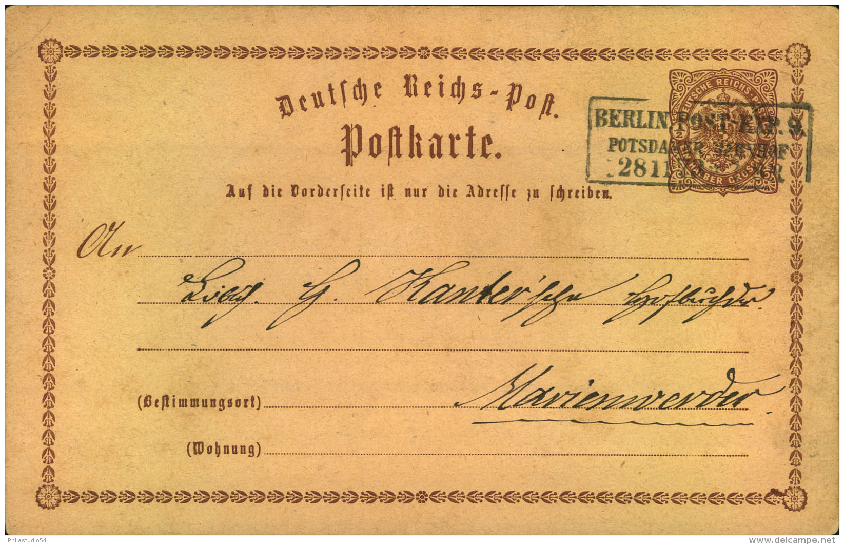 1873, 1/2 Grohscne Ganzsachenkarte Mit Ra3 BERLIN: POST-EXP: 9 POTSDAMER BAHNHOF. - Maschinenstempel (EMA)