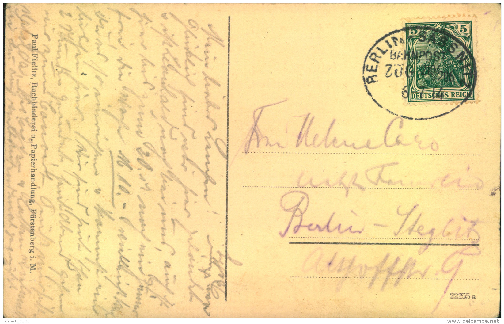 1914, Postkarte, 5 Pfg. Germania Bahnpost BERLIN - SASSNITZ - Maschinenstempel (EMA)