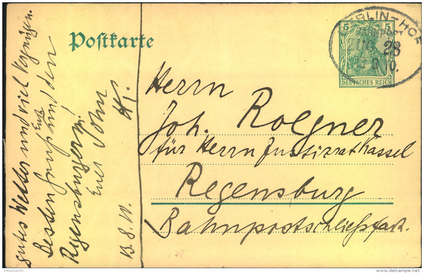 1910, Postkarte, 5 Pfg. Germania Bahnpost BERLIN - HOF - Maschinenstempel (EMA)