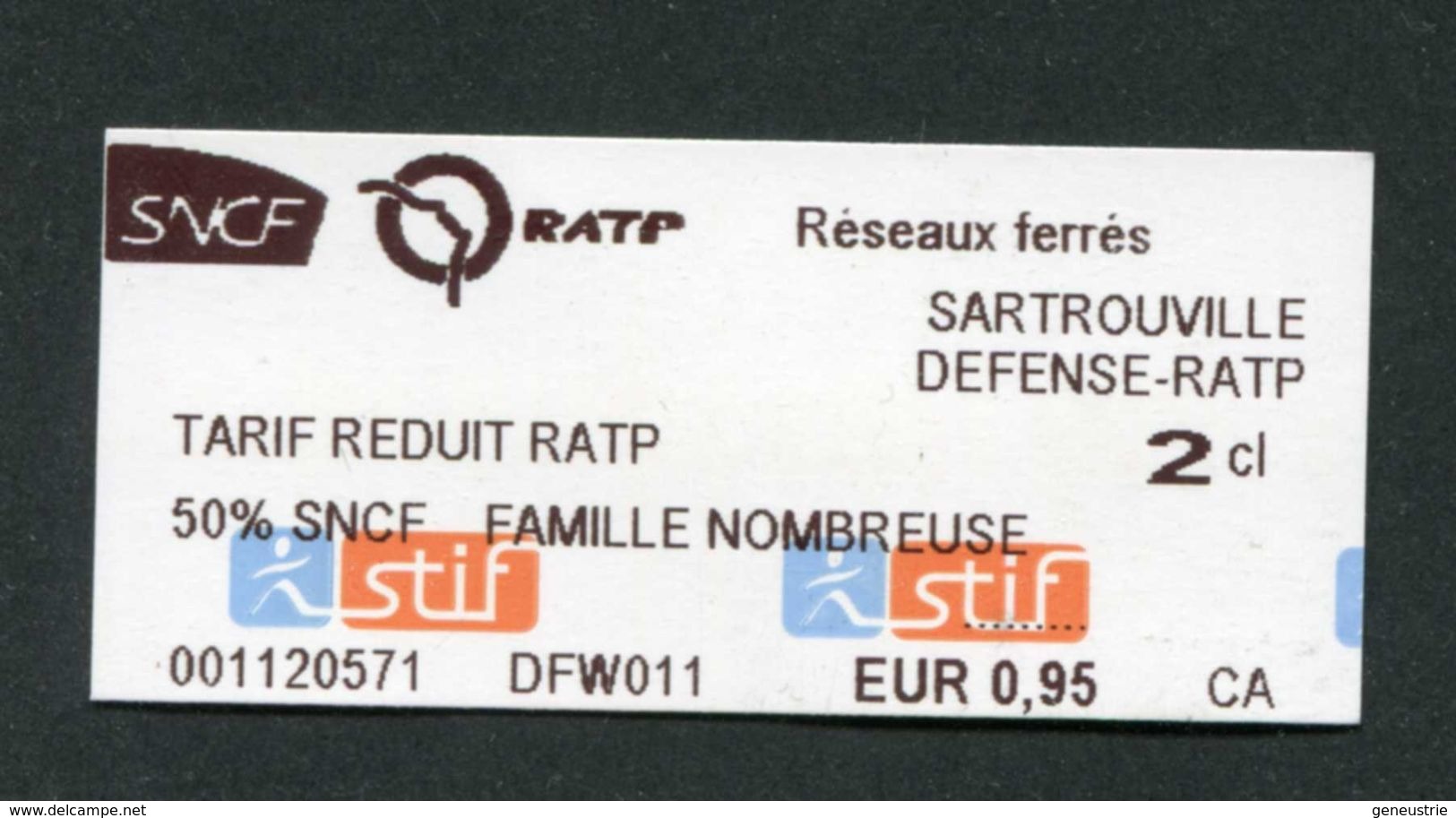 Ticket De Train / Métro - SNCF (Banlieue Parisienne / Tarif Réduit RATP 50% SNCF Famille Nombreuse) Paris Train - Europe