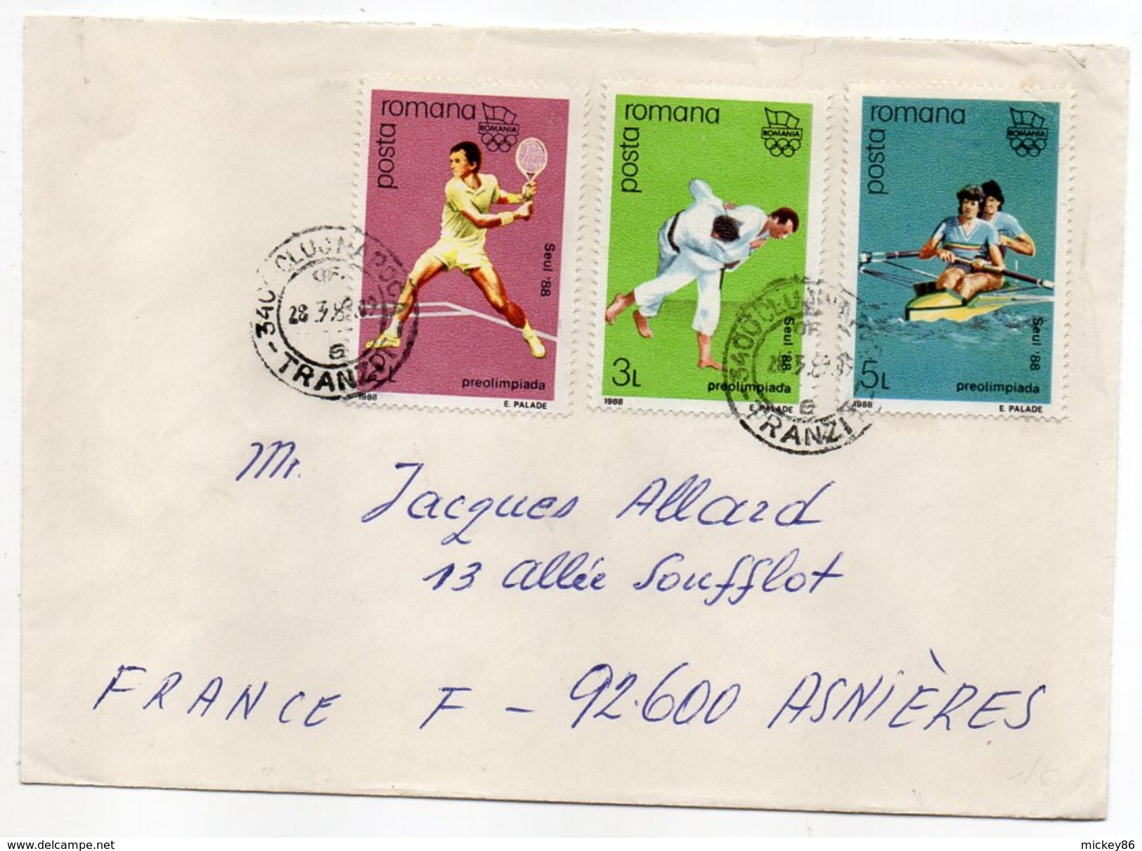 Roumanie--1989--Lettre De Cluj Pour Asnières-92 (France)--timbres Préolympique J.O Séoul (tennis,Judo,aviron) - Lettres & Documents