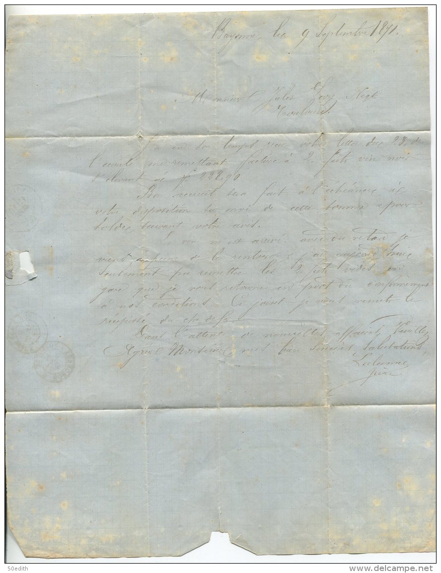 N°25+26x2 + N°37 + GC 359 Affranchissement Tricolore / Lettre   De Bayonne St Esprit  Pour Toulouse - 1863-1870 Napoléon III Lauré