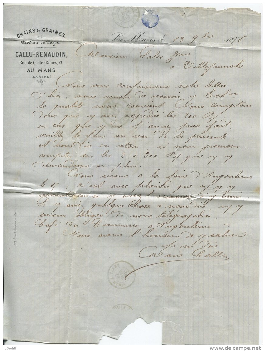 N°66 + Cérès N°54 +  Cachet à Date / Lettre De Le Mans (sarthe) Pour Villefranche (aveyron) - 1876-1898 Sage (Type II)