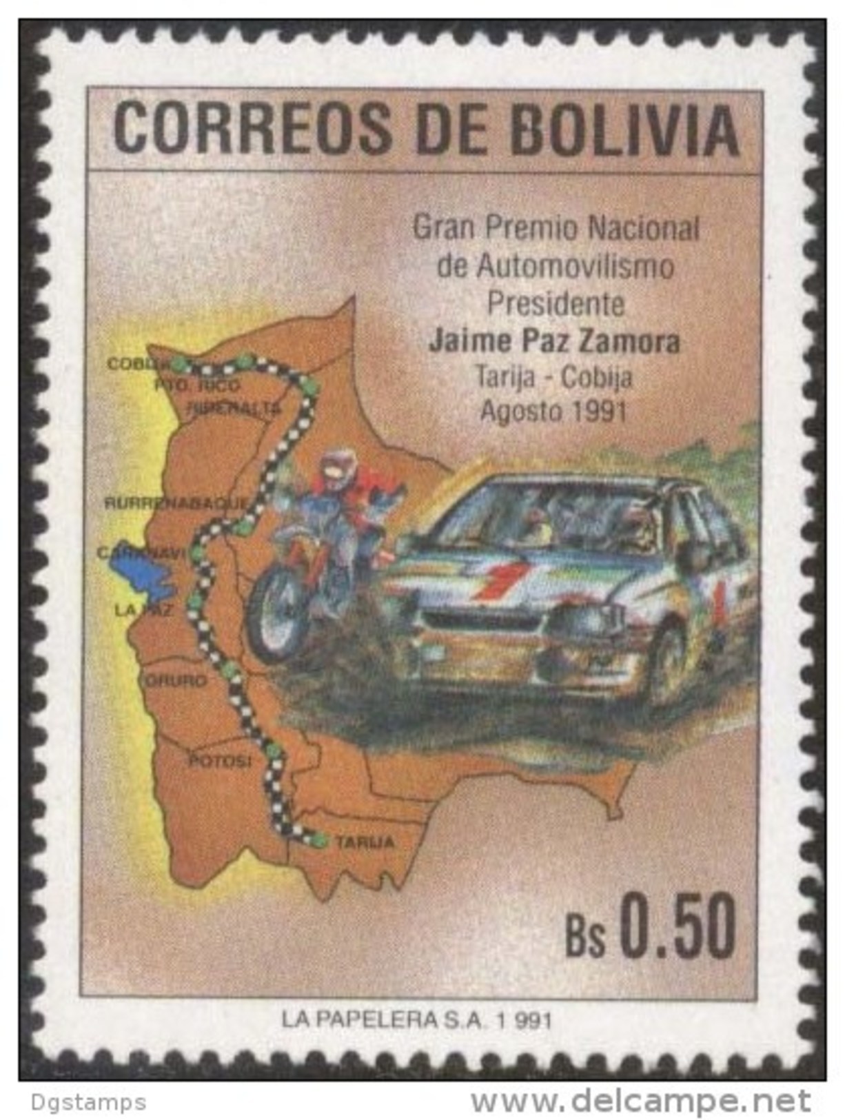 Bolivia 1991 CEFIBOL 1409 **  Carrera Auntomovilística Tarija-Cobija. Integracion Nacional. Automovil. Motocicleta. Mapa - Bolivia